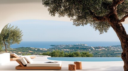 Luxurious villa terrace overlooking the sea and landscape below