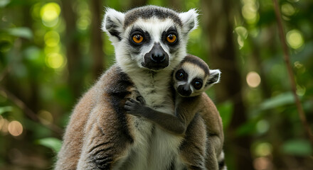 Fototapeta premium A Mother's Love and Protection Ring-Tailed Lemur with Her Baby Clinging Tight Wildlife Photography Close-up Shot of Wild Animal and Her Offspring