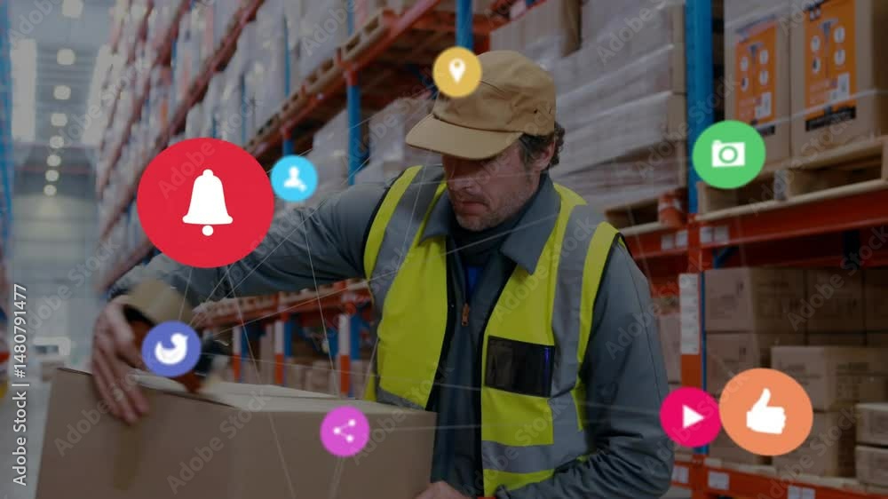 Aufkleber warehouse worker sealing box in logistics hub showing floating digital icons for location and share