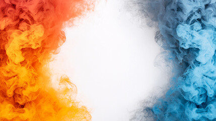 Orange smoke and blue smoke collide, creating a fiery and icy abstract contrast background.