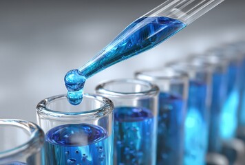 Pipette dropping blue liquid into test tubes for scientific research.