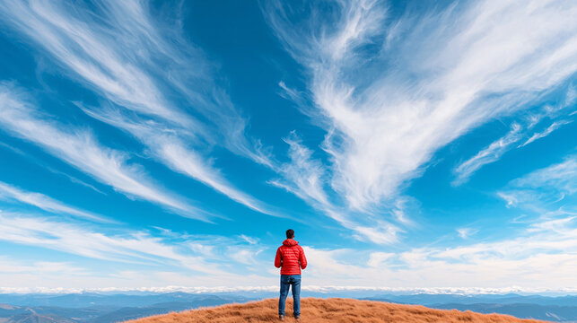 A man stands at the edge of a hill looking up at dramatic white clouds in the bright blue sky.
