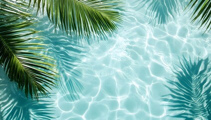 Overhead view of sunlit water with palm fronds framing the scene, evoking summer, relaxation, and tropical vacations in a vibrant, refreshing, and visually appealing composition