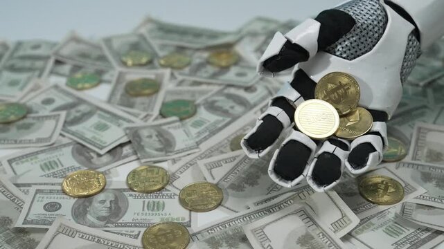 A robotic hand clutches coins amid scattered currency bills, representing the intersection of finance and technology in a rapidly evolving economic landscape. MZL