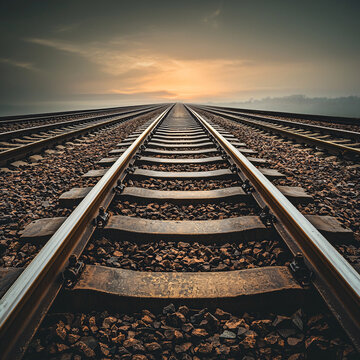 Railroad tracks stretch into the distance under a hazy sky du the warm colors of sunset.