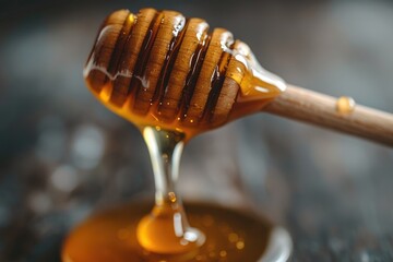 Honey dripping from a wooden dipper onto a dark surface.