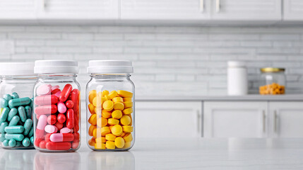 Colorful pills and capsules in glass jars are displayed on a bright kitchen countertop area.