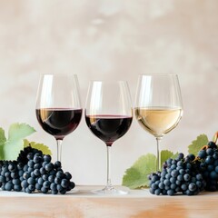 Wine Trio Red, Rose, White with Grapes, Vineyard, Tasting