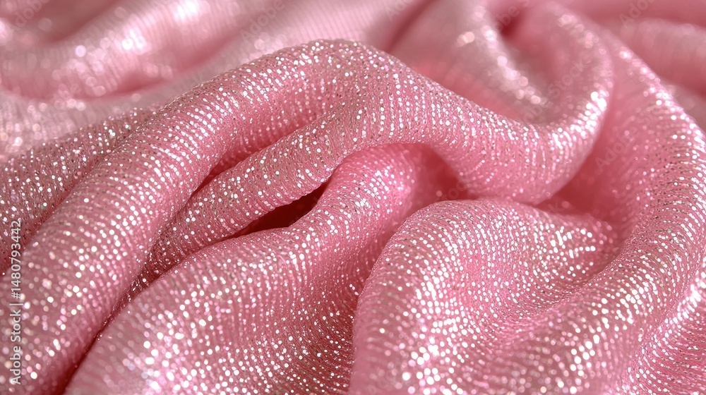 Poster draped pink fabric with subtle shimmer and texture. close-up showing folds and light reflection