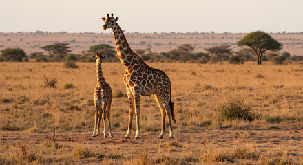Obraz premium Giraffes in the Vast African Savannah A Mother's Love and Protection Against a Golden Landscape The Beauty of Wildlife