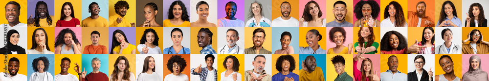 Poster This vibrant collage features a diverse array of people showcasing a range of joyful expressions. The individuals, representing various cultures and backgrounds, are set against colorful backdrops.