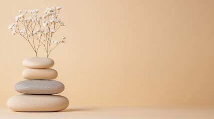 Stacked smooth stones support delicate white gypsophila flowers against a soft beige background.