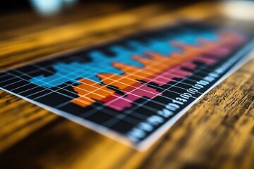 Colorful graphic chart laying on a wooden surface is visible