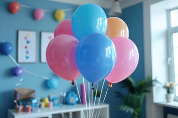Colorful balloons are clustered together inside a brightly lit room
