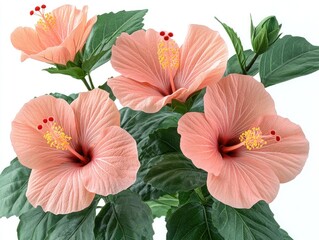 Close-up of three peach-colored hibiscus flowers with lush green leaves