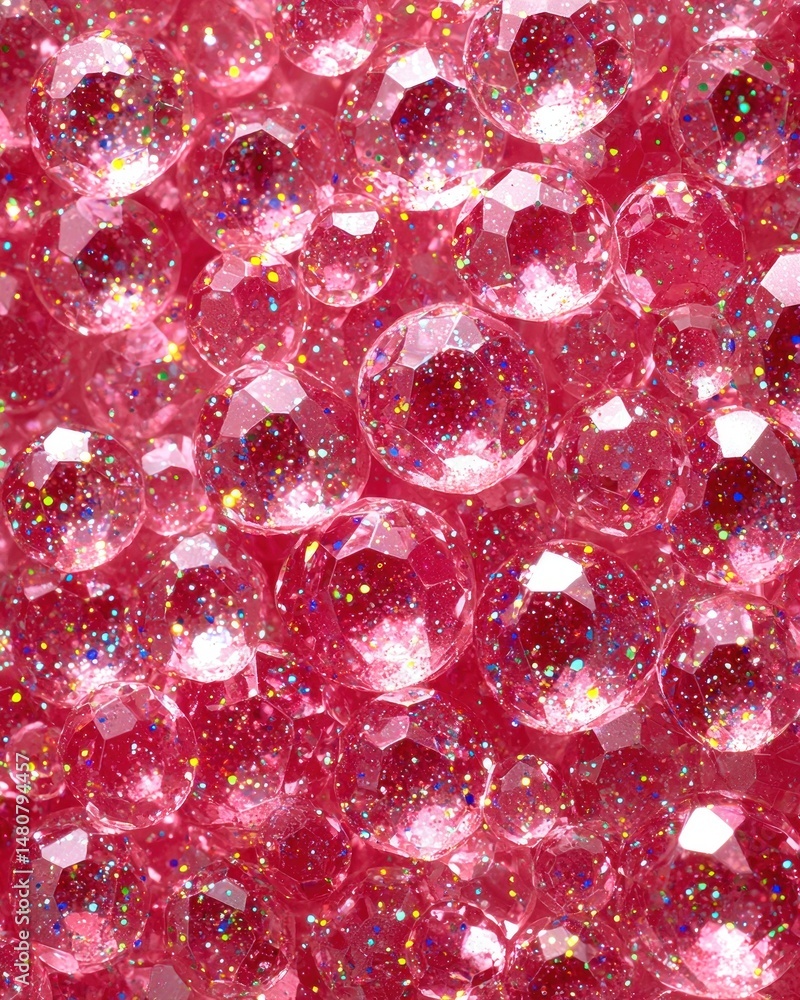 Poster close-up of numerous pink, faceted, glitter-embedded gems. sparkling and densely packed, creating a 