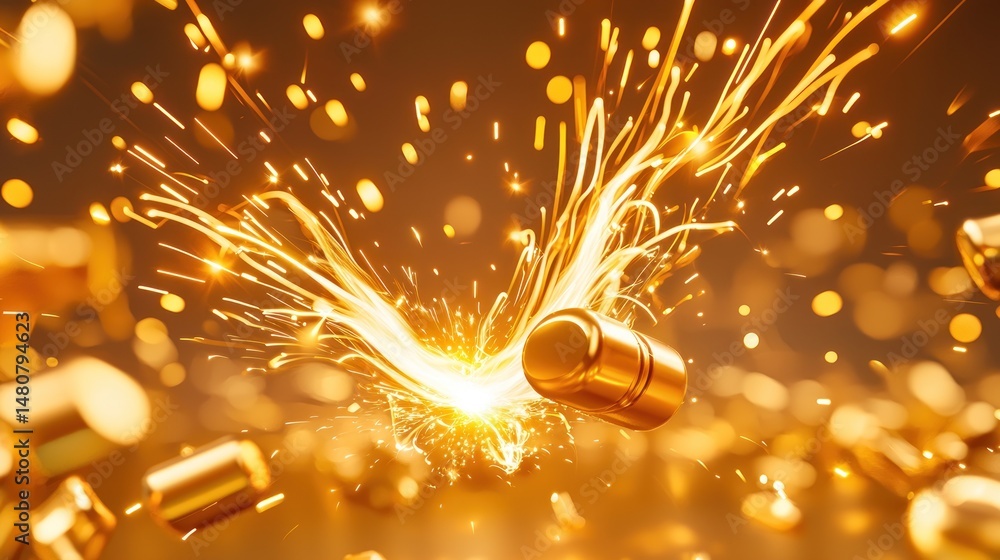 Poster gold bullets collide generating bright sparks and a dynamic effect