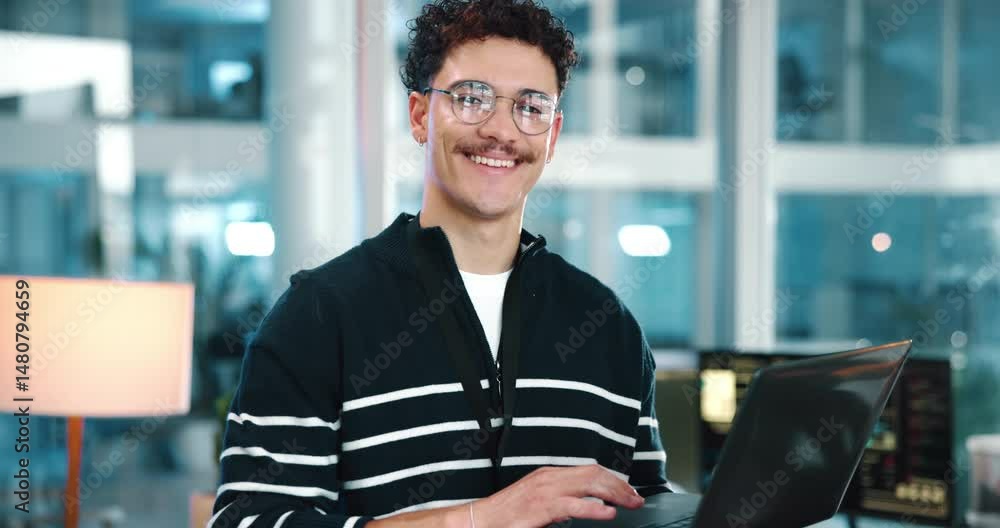 Aufkleber Face, man and developer with laptop in office for research, programming and software update. Portrait, person and, online of web development, problem solving and information on troubleshooting server