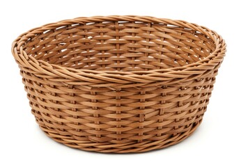 Close up of a woven wicker basket showing its texture and design on a white background
