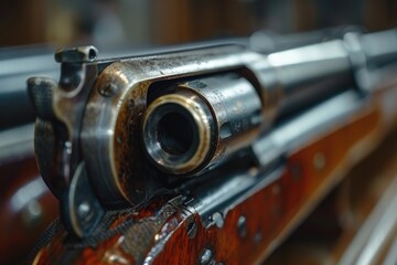 Detailed close up of a vintage rifle weapon object