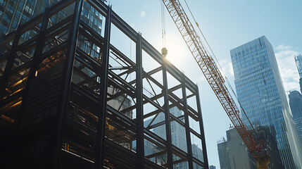 Fototapeta premium Construction Site with Steel Framework and Crane