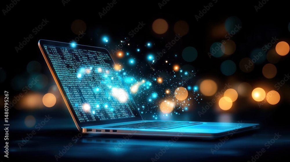 Aufkleber A laptop displays glowing code and futuristic particle effects