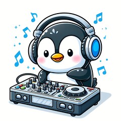 Cute Penguin Playing DJ Electronic Music With Headphone Cartoon Vector Icon Illustration