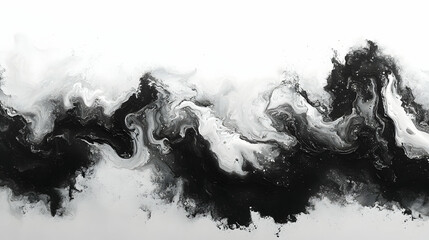 Abstract monochrome fluid art with swirling black and white paint creating dynamic waves and textures