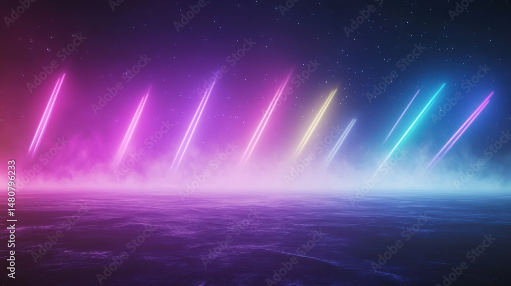 Poster abstract concept of comets flying over space horizon for futuristic visuals.