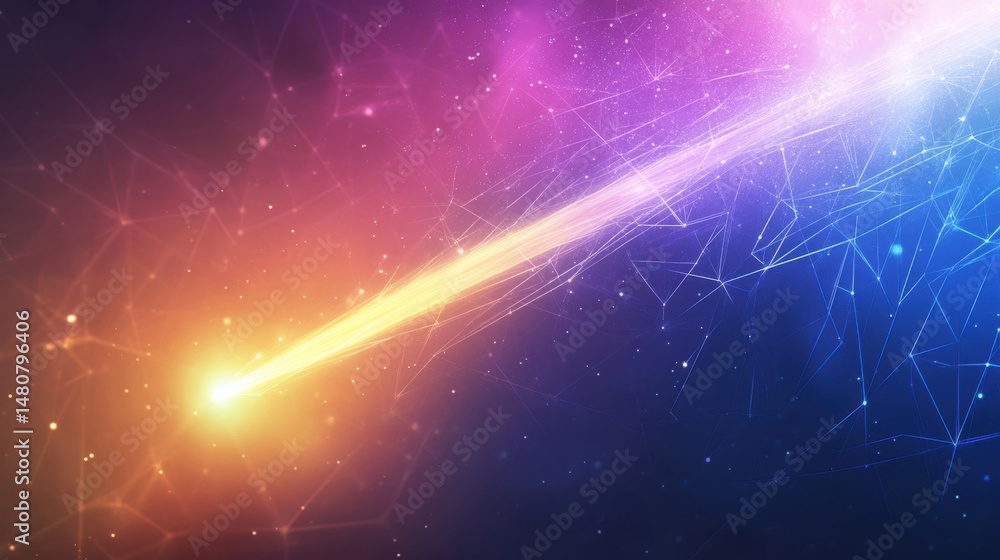 Fototapete Abstract background with comet shooting through stylized low-poly sky, dynamic lines, bright core and geometric digital structure