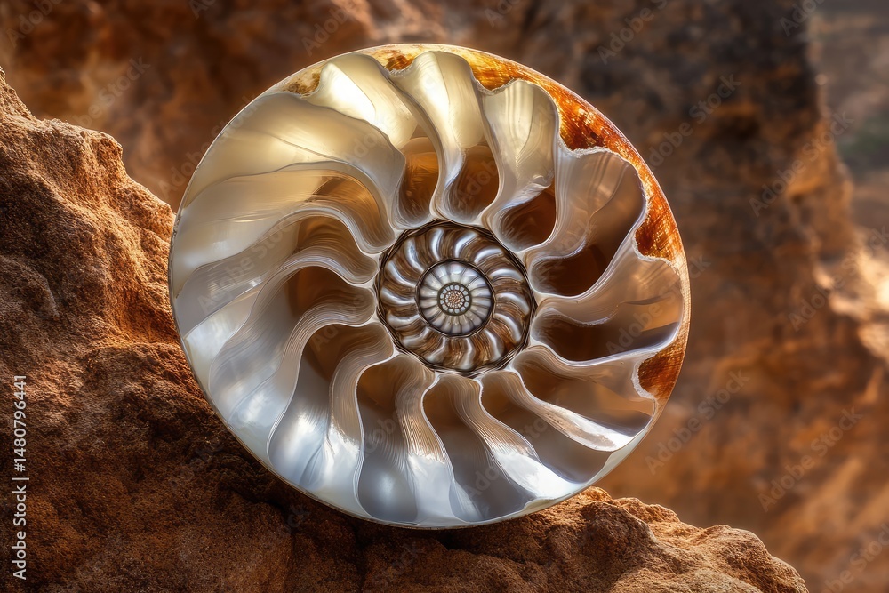 Poster a mesmerizing cross-section of a nautilus shell reveals an intricate, swirling pattern on a textured