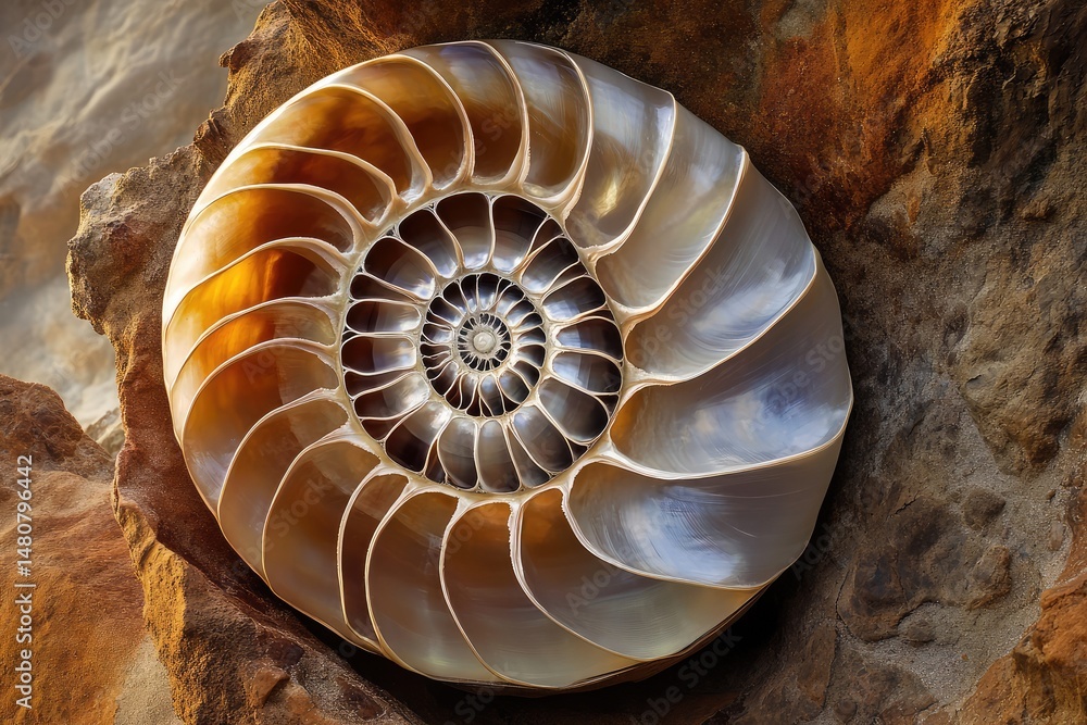 Poster a captivating nautilus shell section reveals an intricate spiral pattern, nestled against the backdr