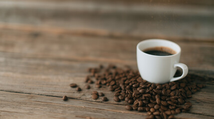 cup of coffee, on coffee beans, wooden table, background shot, cafe