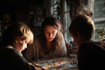 Family Enjoys Playing a Board Game Together Indoors on a Cozy Day