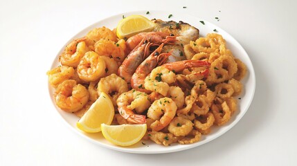 Top down view of Fritto Misto mixed fried seafood platter shrimp calamari fish served lemon wedges white plate Popular Italian seafood dish coastal regions cut out on isolated transparent background