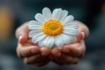 Delicate white flower held gently in hands.