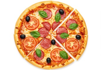 Overhead shot of a sliced pizza with salami, tomato, basil and black olives on a white background