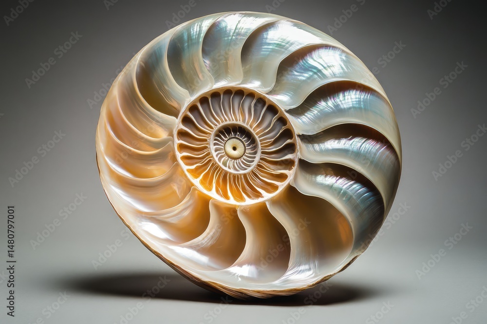 Poster a cross-section of a nautilus shell, showcasing its iridescent chambers and logarithmic spiral patte