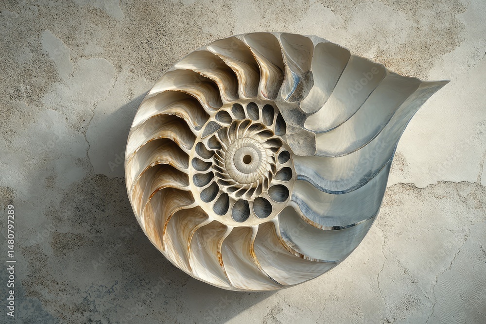 Aufkleber a cross-section of a pearly nautilus shell displays its complex chambers and fibonacci spiral on a t