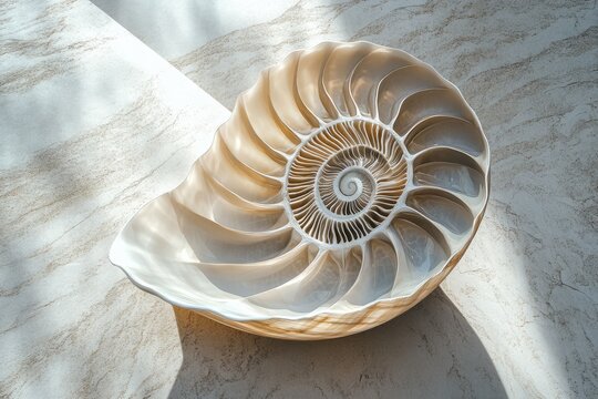 Nautilus shell cut in half displaying the chambers on a beige stone surface, with natural light highlighting its spiral pattern.
