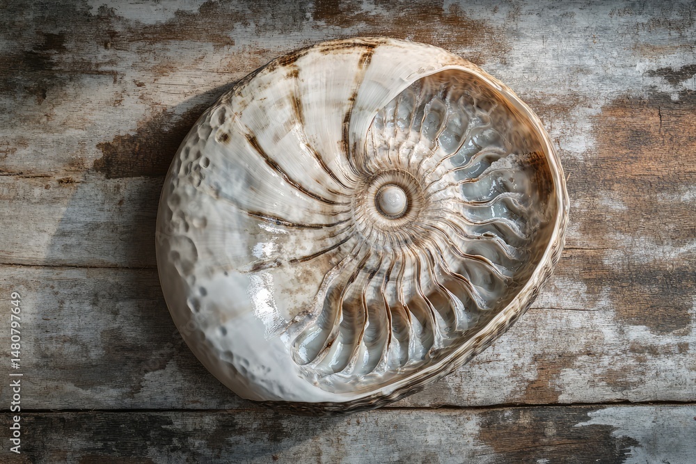 Aufkleber a sliced nautilus shell displaying its intricate spiral structure on a weathered wooden surface with