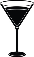 A simple, black and white silhouette of a martini glass filled with a dark liquid.