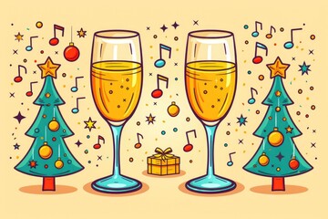 Festive champagne flutes with holiday elements on a pastel backdrop.