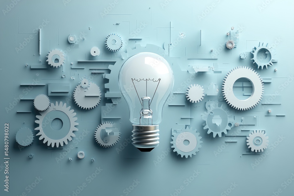 Poster lightbulb surrounded by gears and technological elements.