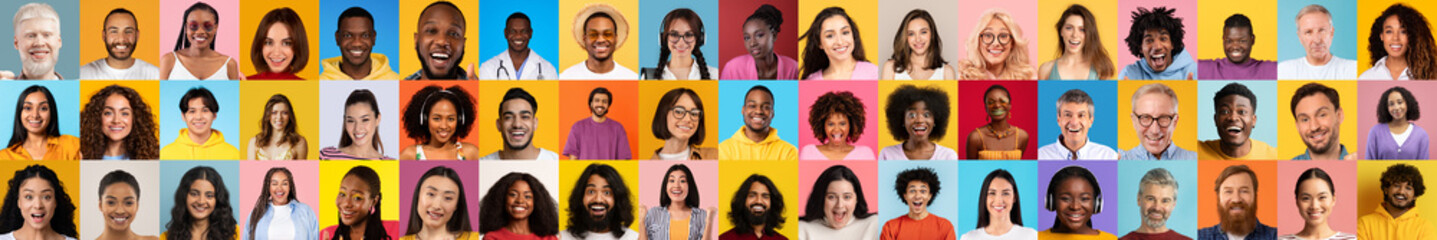 A vibrant collage showcases a diverse group of individuals smiling and expressing joy. The collection emphasizes the beauty of diversity, captured in a bright and colorful setting.