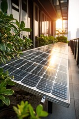 Fototapeta premium Solar panel installation on balcony, small solar power plant on modern balcony, clean energy concept