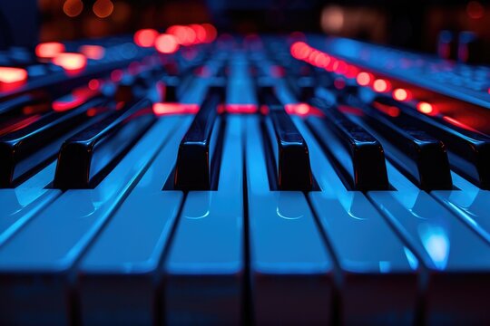 Illuminated piano keys showcasing red lights and blue shadows dramatically