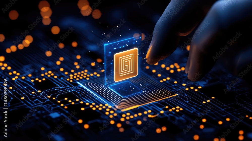 Poster Hand interacting with glowing microchip above complex circuit board