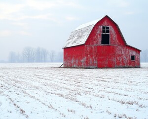 Red barn in a snowy field