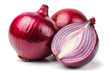 whole and half cut red onion image isolated on white background